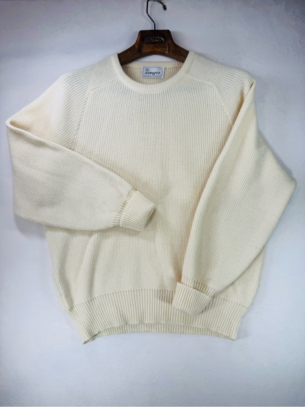 Ingo Vintage Men's Crewneck Ribbed Sweater in Cream Medium